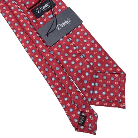 Drake's NWT Neck Tie in Red with Light Blue & White Geometric Pattern 100% Silk